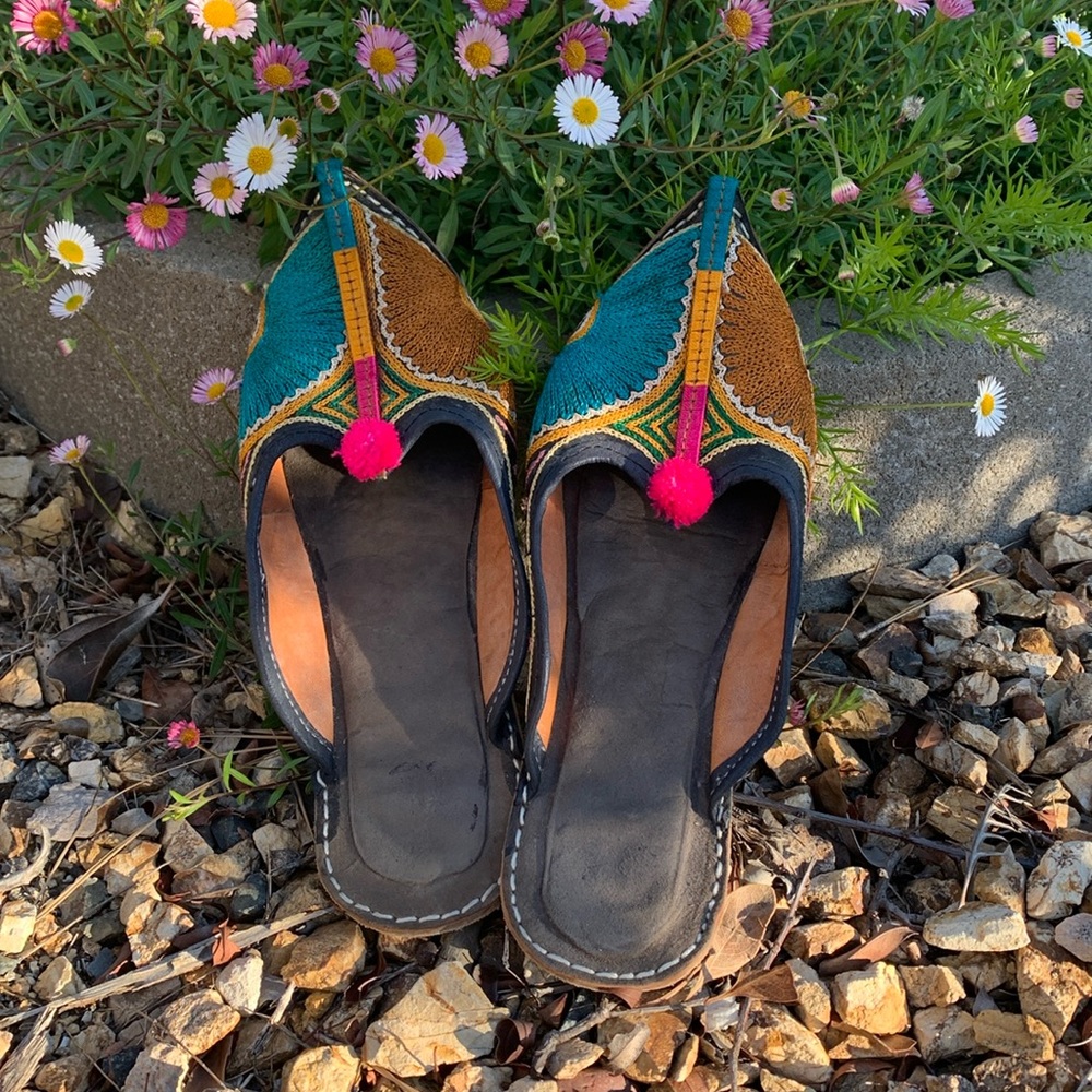 Handcrafted in India, one of a kind adorable embroidered leather slip ons!